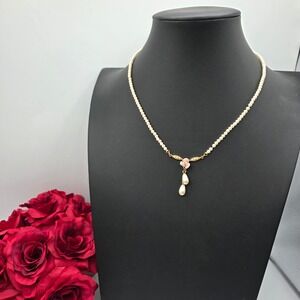 1928 Jewelry Gold Tone Faux Pearl Pink Rose Victorian Revival Drop Necklace 15"